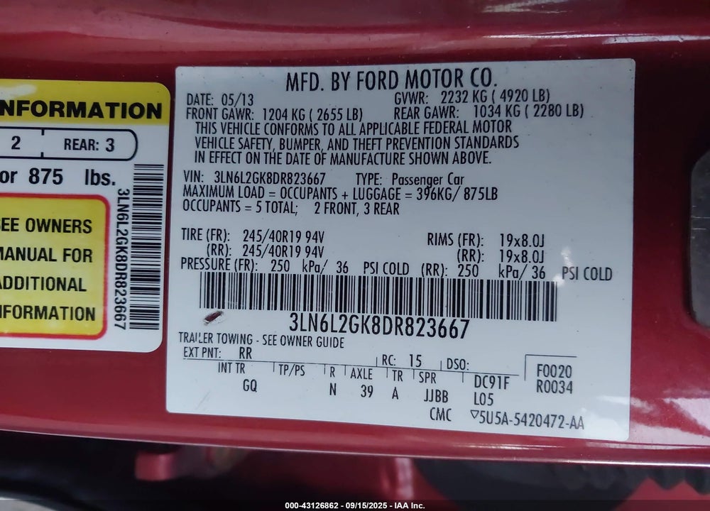 2013 LINCOLN MKZ VIN: 3LN6L2GK8DR823667
