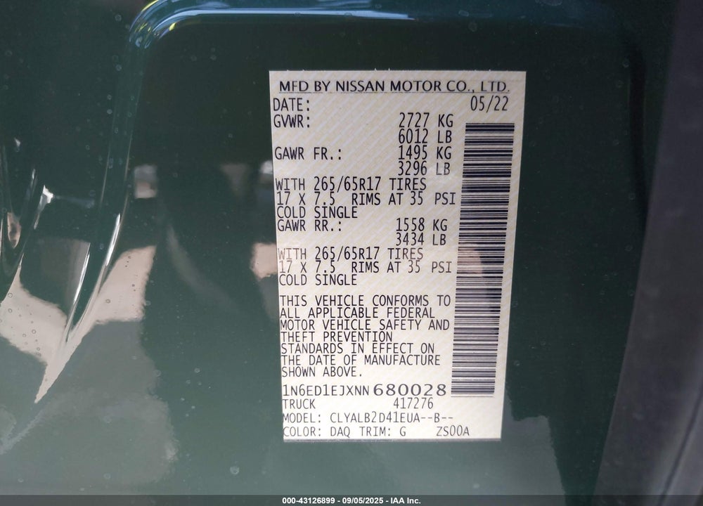2022 NISSAN FRONTIER VIN: 1N6ED1EJXNN680028