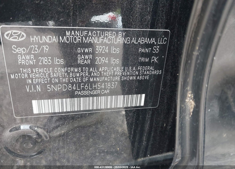 2020 HYUNDAI ELANTRA SEL VIN: 5NPD84LF6LH541837