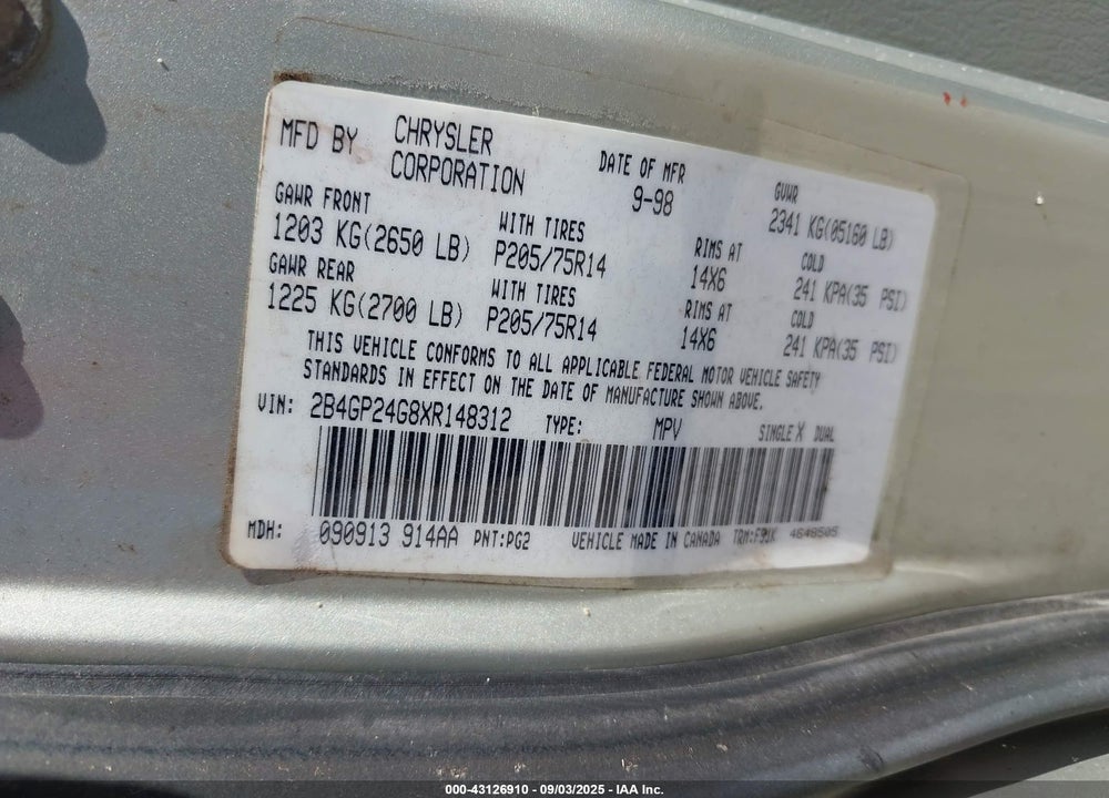 1999 DODGE GRAND CARAVAN VIN: 2B4GP24G8XR148312