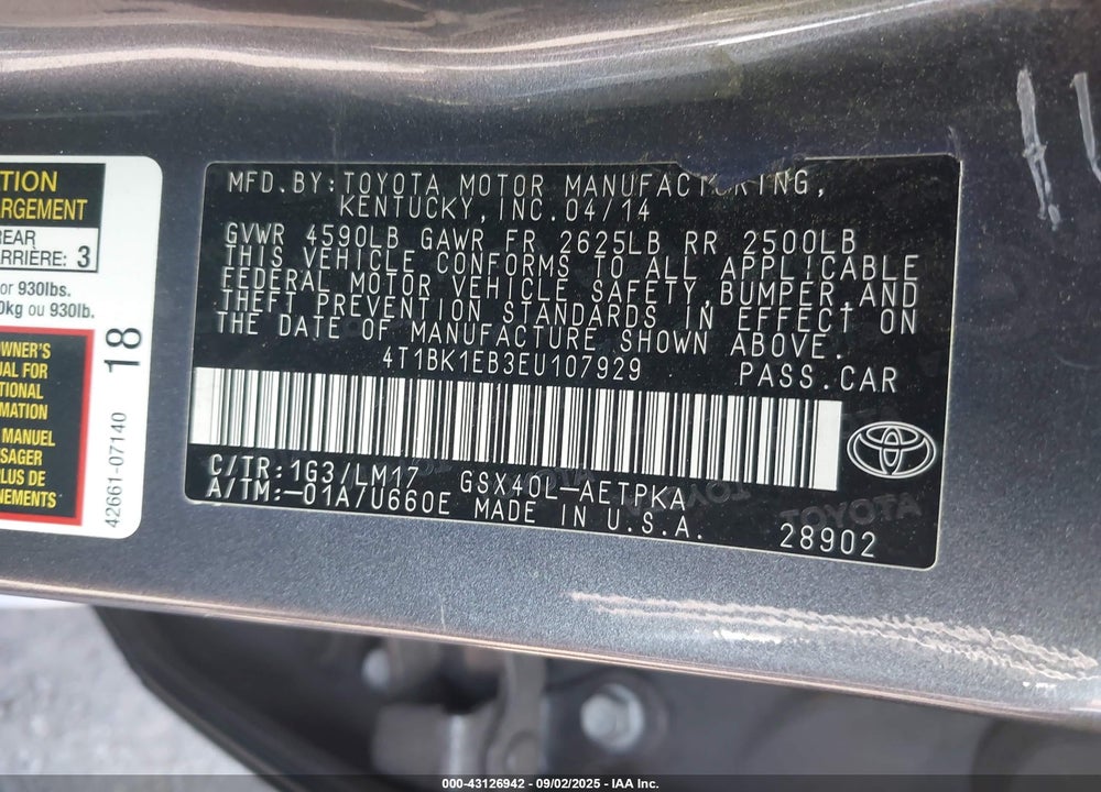 2014 TOYOTA AVALON VIN: 4T1BK1EB3EU107929
