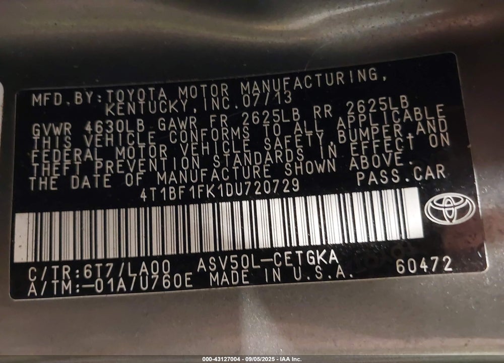 2013 TOYOTA CAMRY VIN: 4T1BF1FK1DU720729