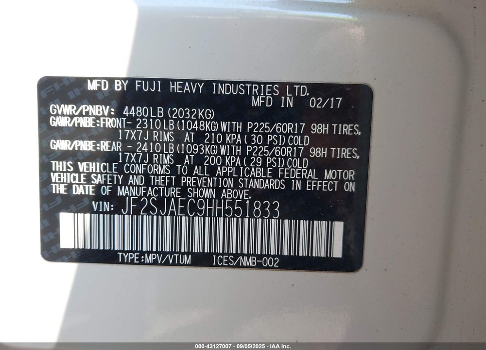 2017 SUBARU FORESTER VIN: JF2SJAEC9HH551833