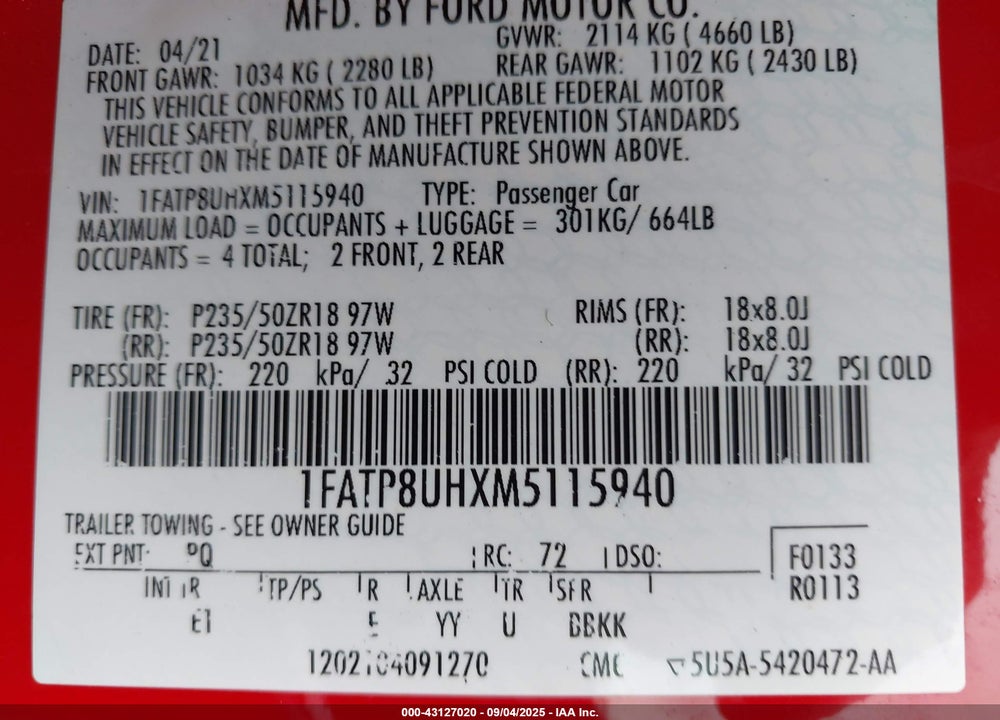 2021 FORD MUSTANG VIN: 1FATP8UHXM5115940