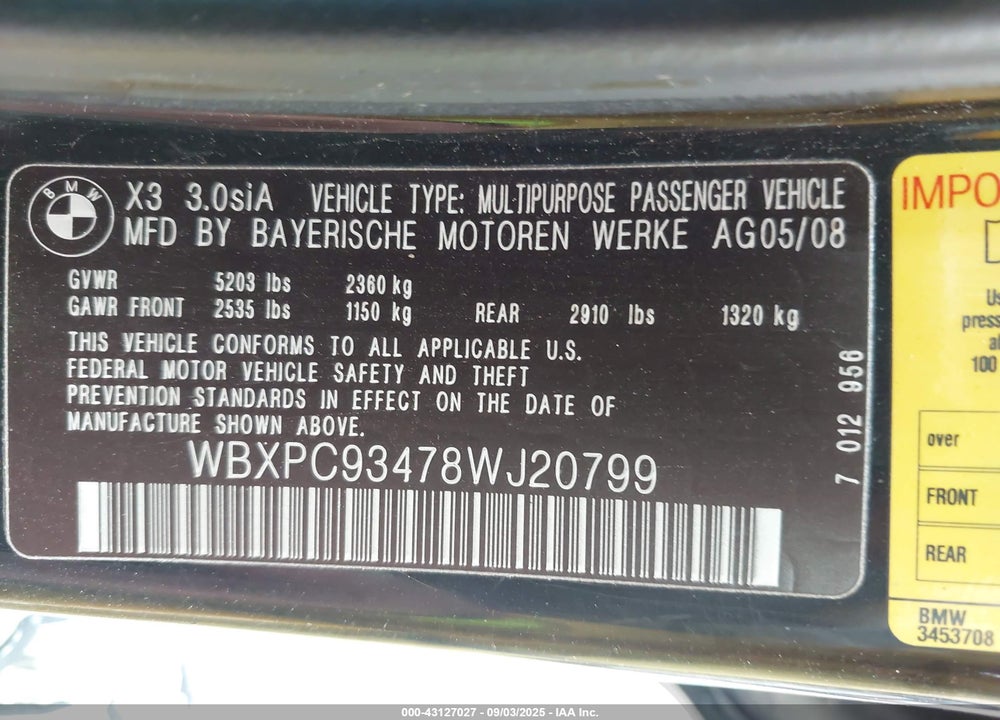 2008 BMW X3 3.0SI VIN: WBXPC93478WJ20799