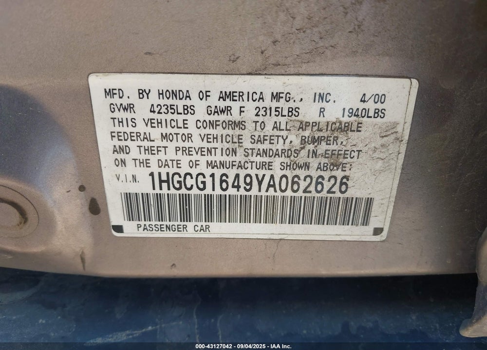 2000 HONDA ACCORD 3.0 LX VIN: 1HGCG1649YA062626