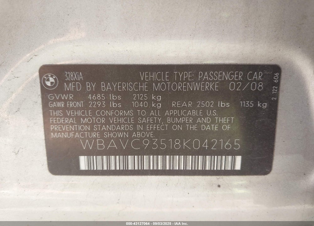 2008 BMW 328XI VIN: WBAVC93518K042165