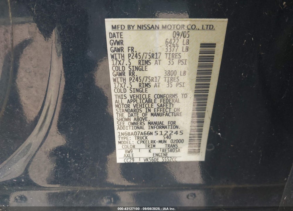 2006 NISSAN TITAN VIN: 1N6BA07A66N512245