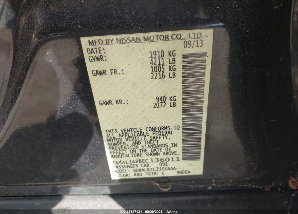 2014 NISSAN ALTIMA VIN: 1N4AL3AP8EC136011