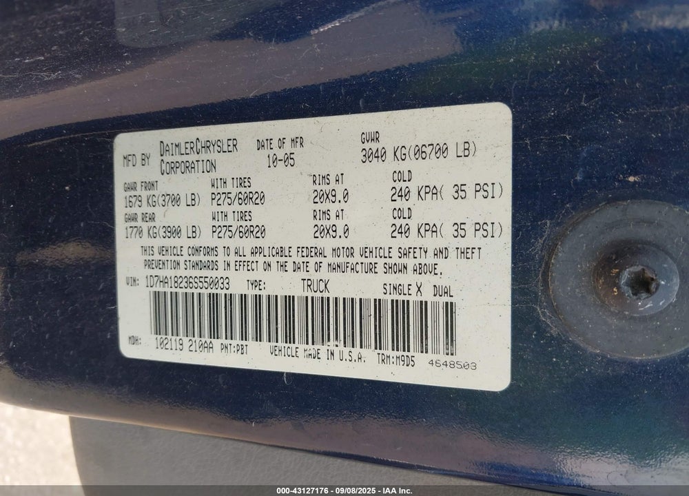 2006 DODGE RAM 1500 SLT VIN: 1D7HA18236S550033