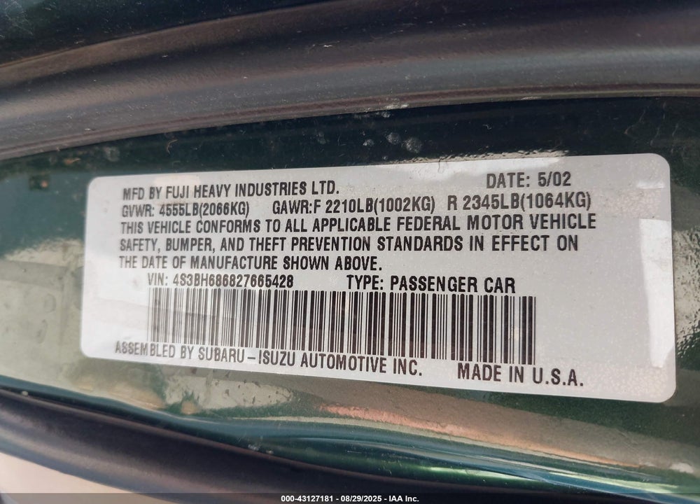 2002 SUBARU OUTBACK LIMITED VIN: 4S3BH686827665428