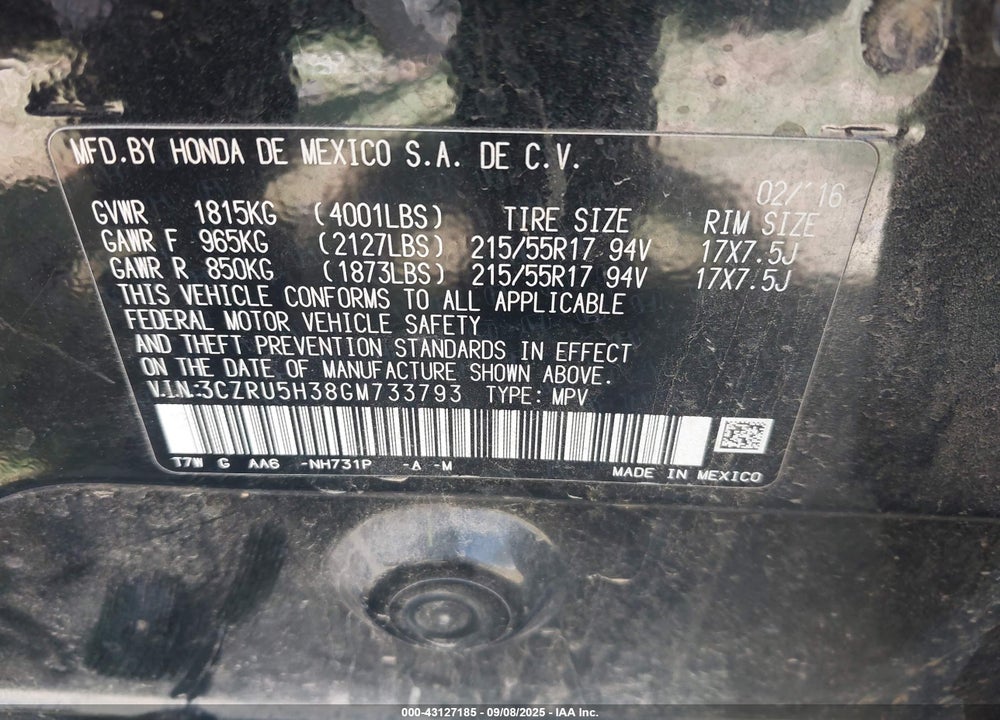 2016 HONDA HR-V VIN: 3CZRU5H38GM733793