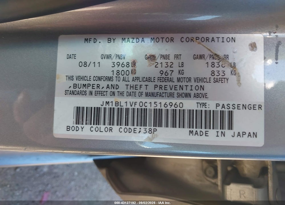 2012 MAZDA 3 I TOURING VIN: JM1BL1VF0C1516960