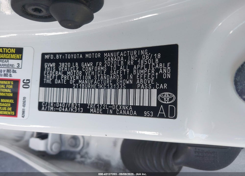 2019 TOYOTA COROLLA VIN: 2T1BURHE1KC131335
