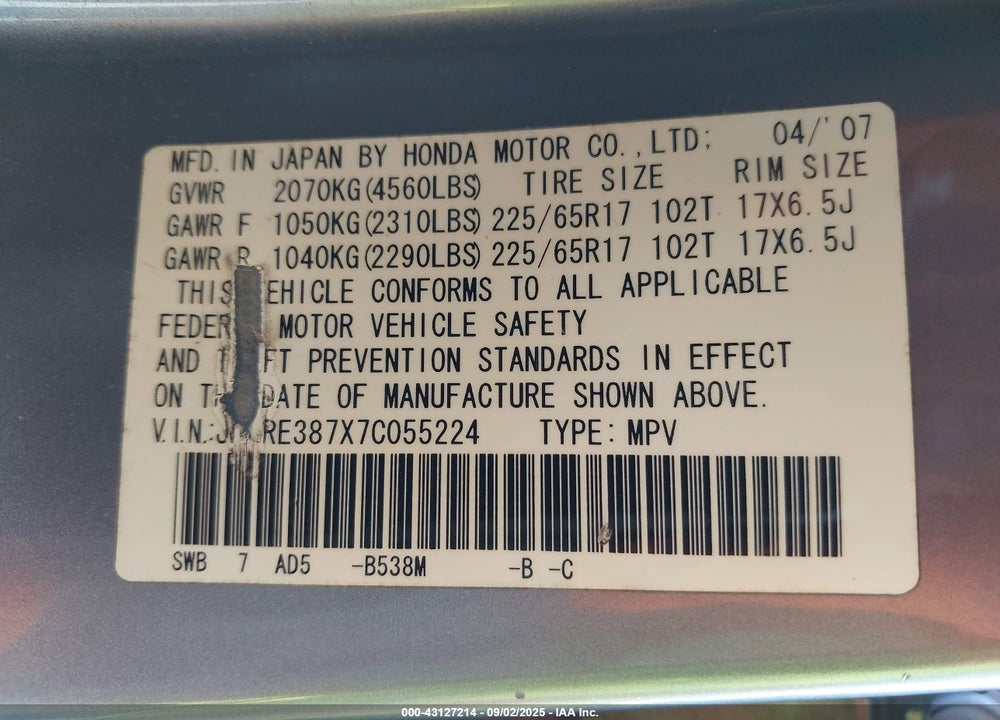 2007 HONDA CR-V EX-L VIN: JHLRE387X7C055224