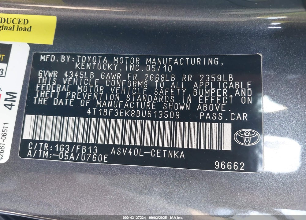 2011 TOYOTA CAMRY VIN: 4T1BF3EK8BU613509