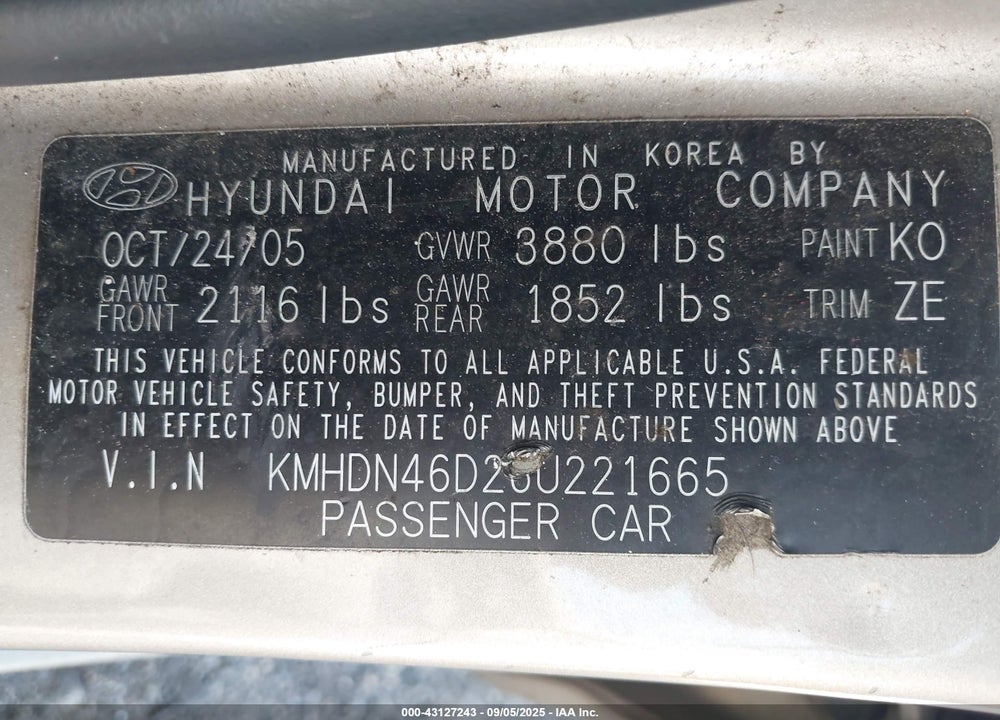 2006 HYUNDAI ELANTRA VIN: KMHDN46D26U221665