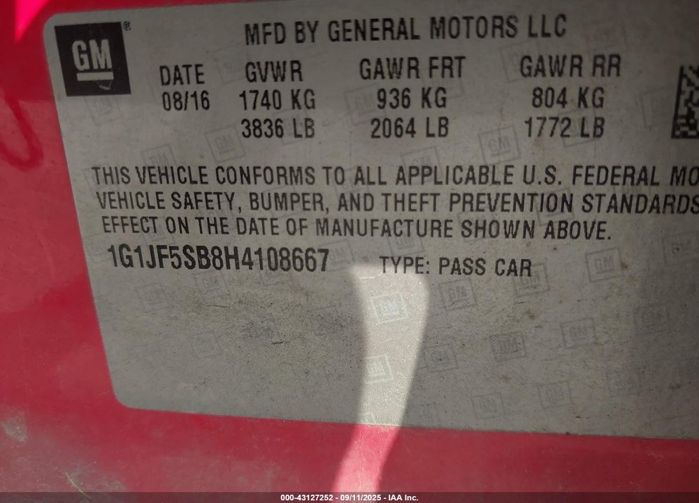 2017 CHEVROLET SONIC VIN: 1G1JF5SB8H4108667