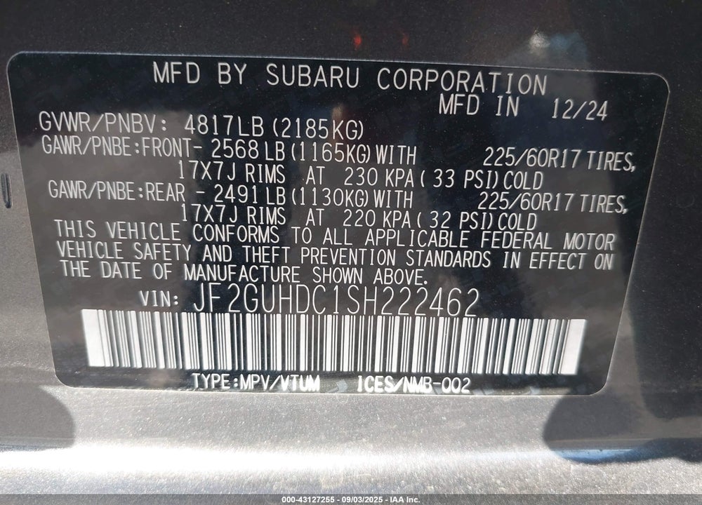 2025 SUBARU CROSSTREK VIN: JF2GUHDC1SH222462