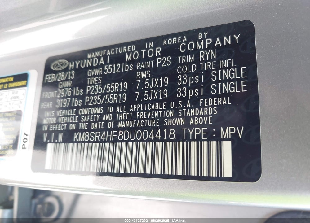 2013 HYUNDAI SANTA FE VIN: KM8SR4HF8DU004418
