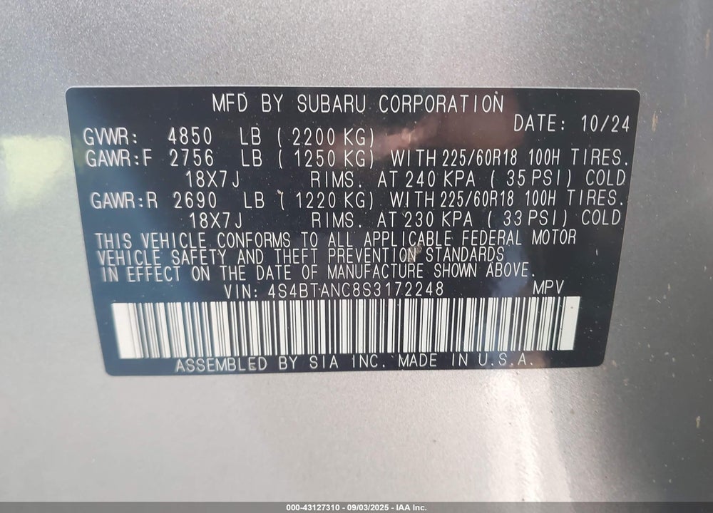 2025 SUBARU OUTBACK LIMITED VIN: 4S4BTANC8S3172248