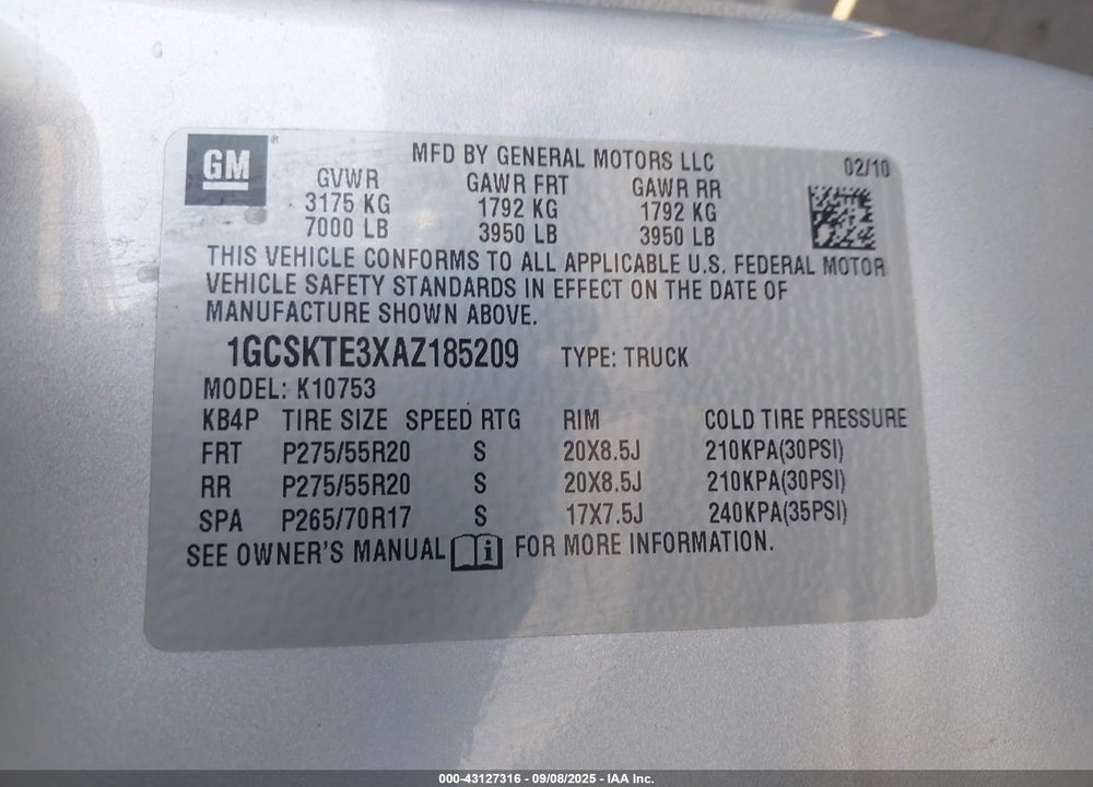 2010 CHEVROLET SILVERADO 1500 VIN: 1GCSKTE3XAZ185209