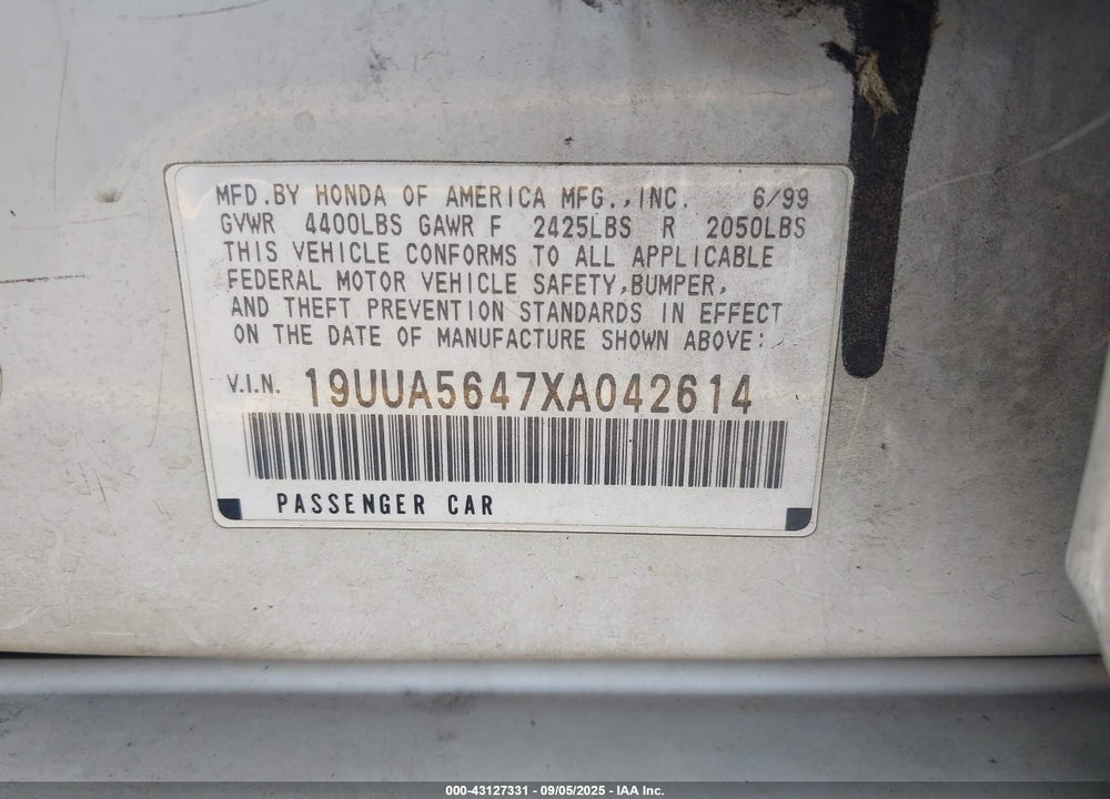 1999 ACURA TL 3.2 VIN: 19UUA5647XA042614