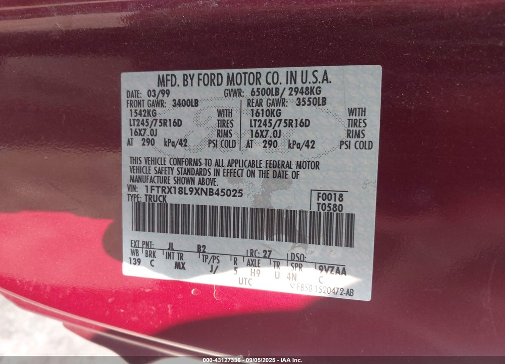 1999 FORD F-150 LARIAT/XL/XLT VIN: 1FTRX18L9XNB45025