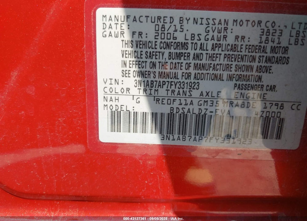 2015 NISSAN SENTRA VIN: 3N1AB7AP7FY331923