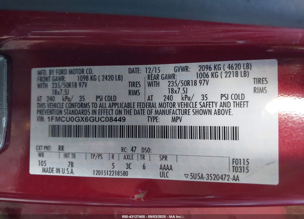 2016 FORD ESCAPE VIN: 1FMCU0GX6GUC08449
