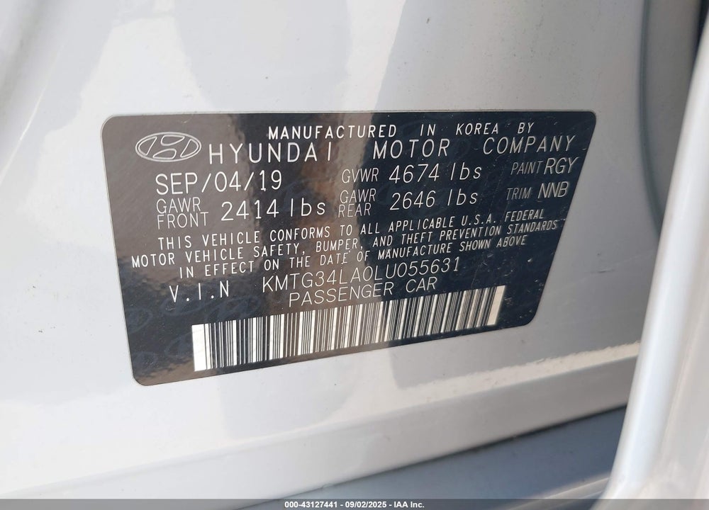 2020 GENESIS G70 2.0T RWD VIN: KMTG34LA0LU055631