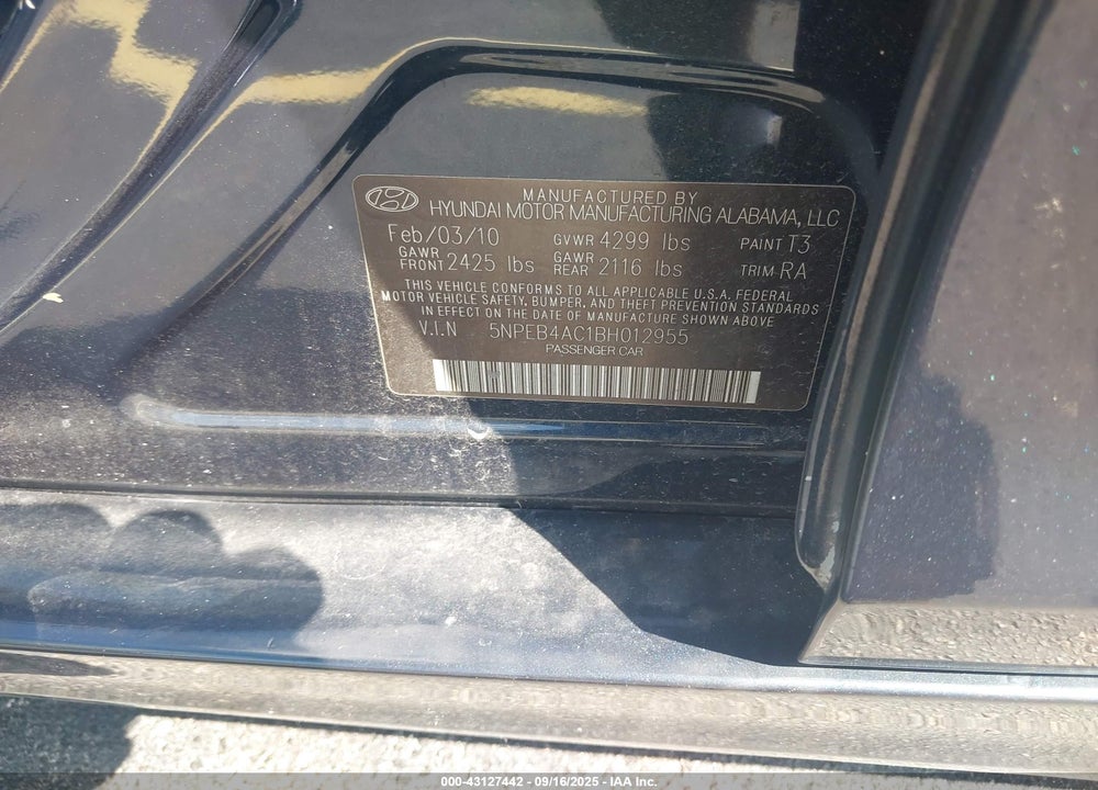 2011 HYUNDAI SONATA VIN: 5NPEB4AC1BH012955