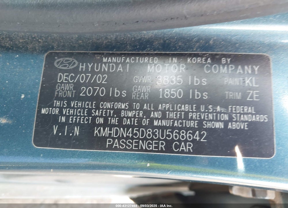 2003 HYUNDAI ELANTRA GLS/GT VIN: KMHDN45D83U568642