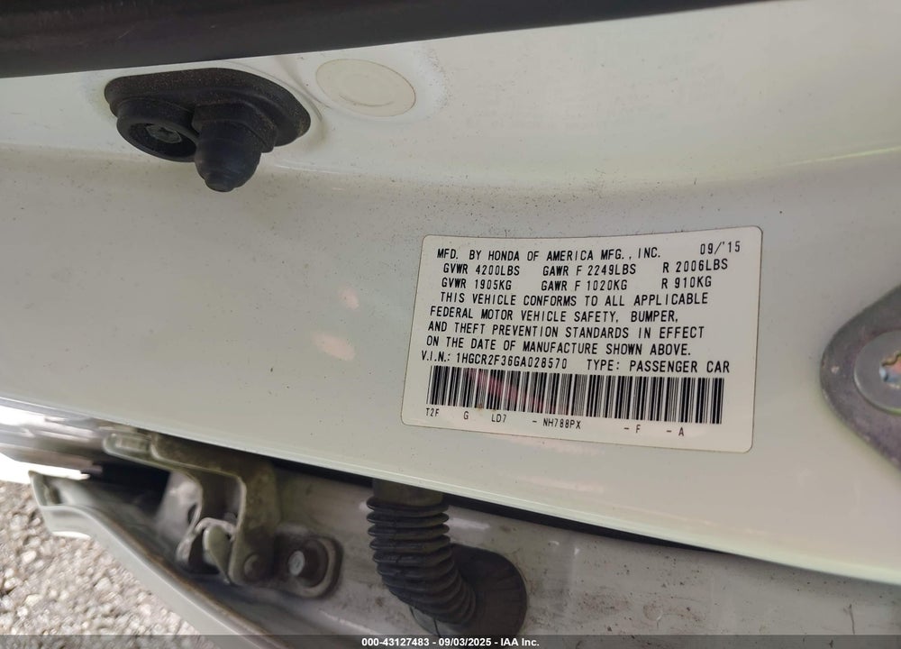 2016 HONDA ACCORD VIN: 1HGCR2F36GA028570