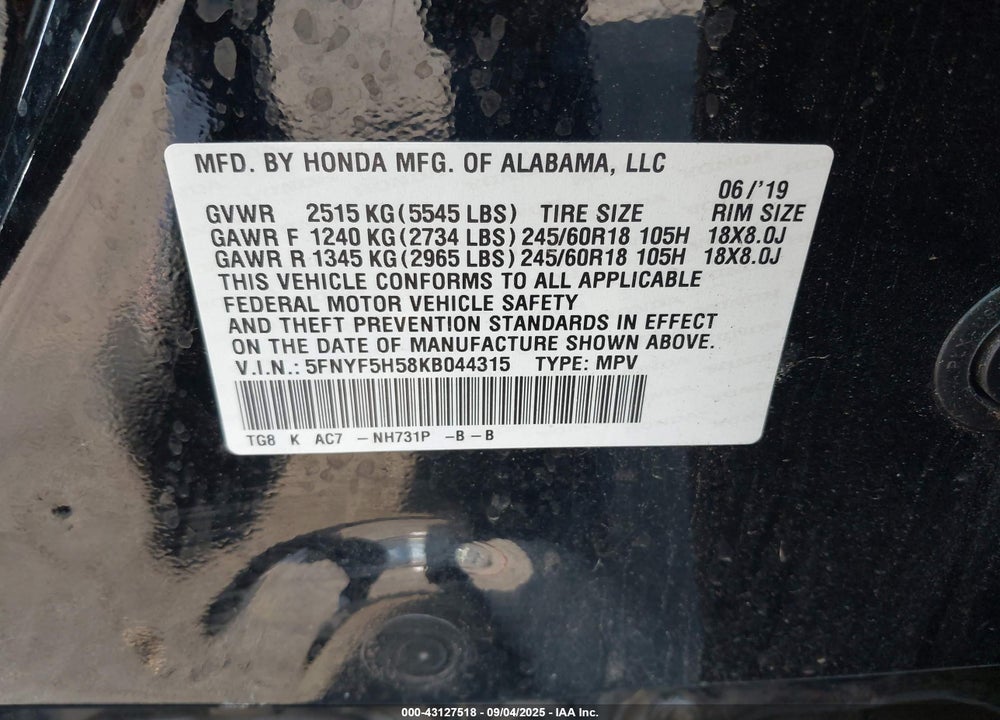 2019 HONDA PILOT VIN: 5FNYF5H58KB044315