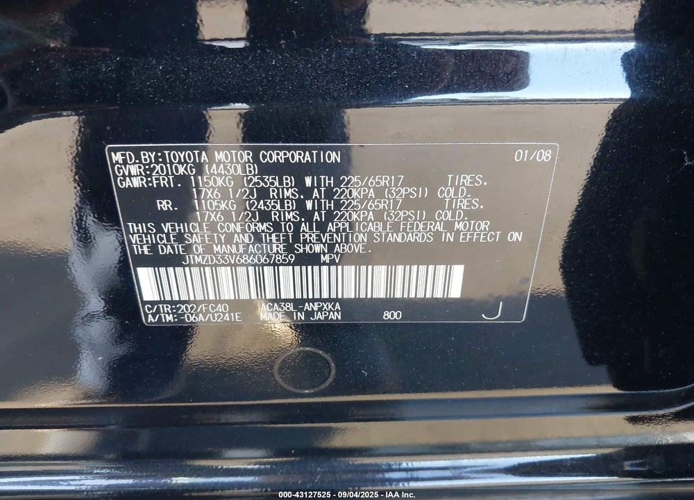 2008 TOYOTA RAV4 VIN: JTMZD33V686067859