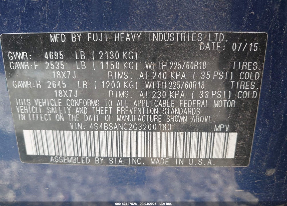 2016 SUBARU OUTBACK VIN: 4S4BSANC2G3200183