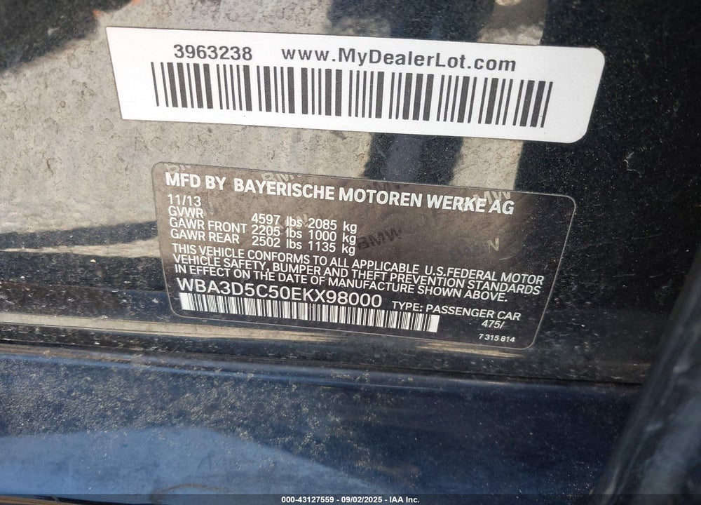 2014 BMW 328D XDRIVE VIN: WBA3D5C50EKX98000