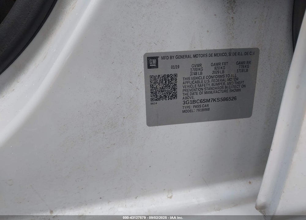 2019 CHEVROLET CRUZE LS VIN: 3G1BC6SM7KS586526