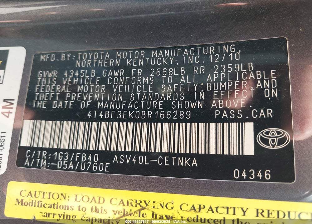 2011 TOYOTA CAMRY VIN: 4T4BF3EK0BR166289