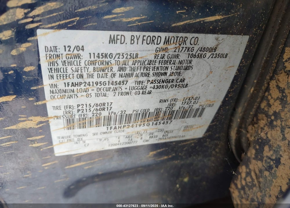 2005 FORD FIVE HUNDRED SEL VIN: 1FAHP24195G145457