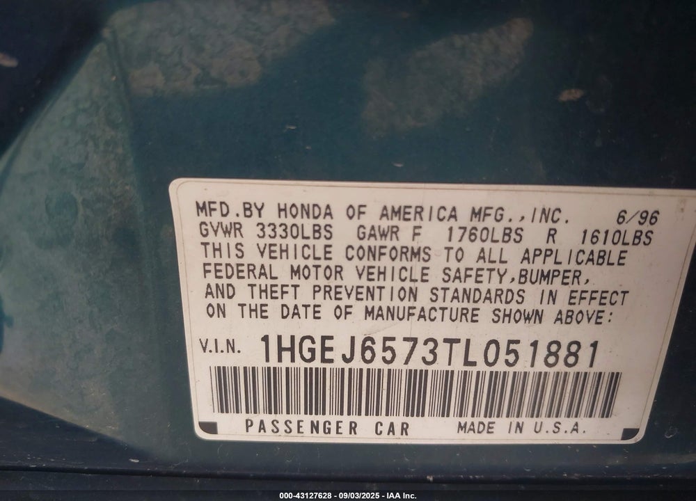 1996 HONDA CIVIC LX VIN: 1HGEJ6573TL051881