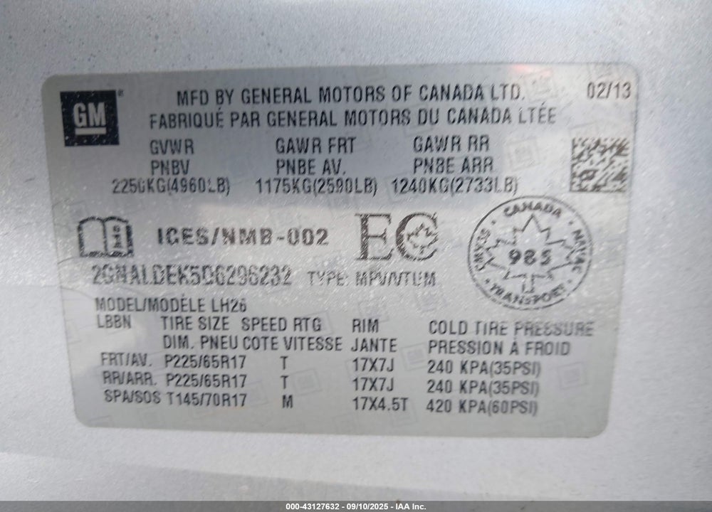 2013 CHEVROLET EQUINOX 1LT VIN: 2GNALDEK5D6296232
