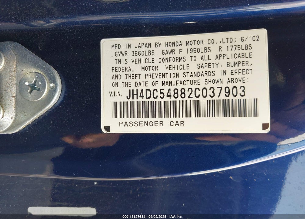 2002 ACURA RSX VIN: JH4DC54882C037903