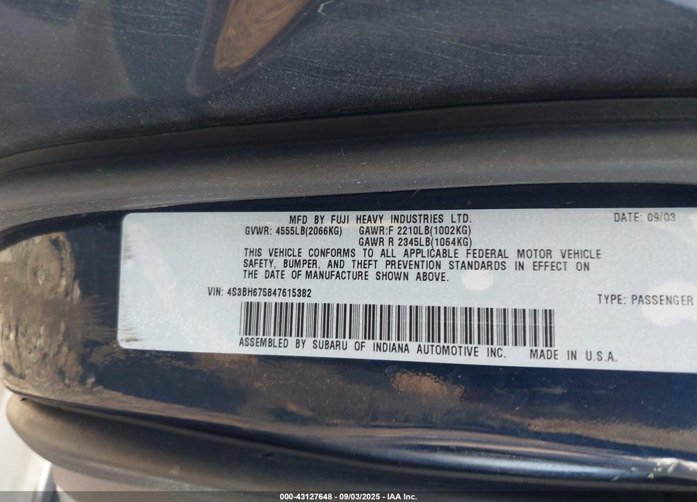 2004 SUBARU OUTBACK VIN: 4S3BH675847615382