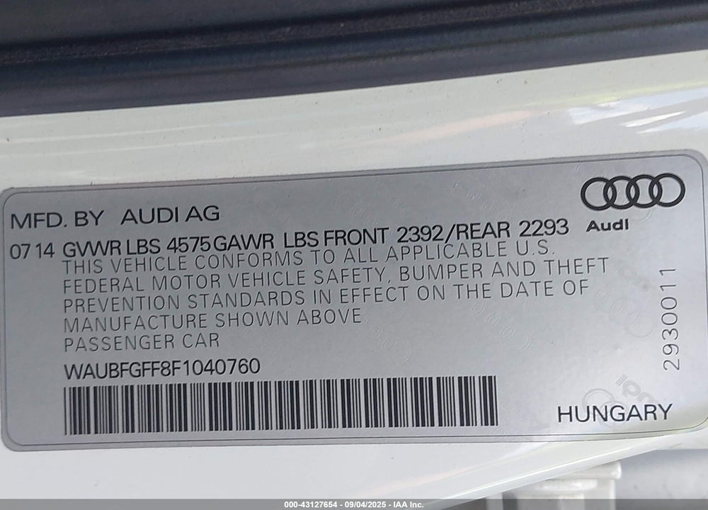 2015 AUDI A3 VIN: WAUBFGFF8F1040760