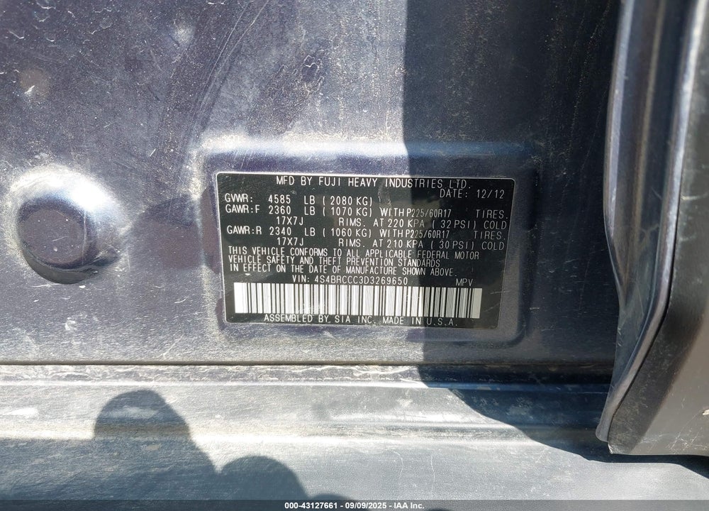 2013 SUBARU OUTBACK 2.5I PREMIUM VIN: 4S4BRCCC3D3269650