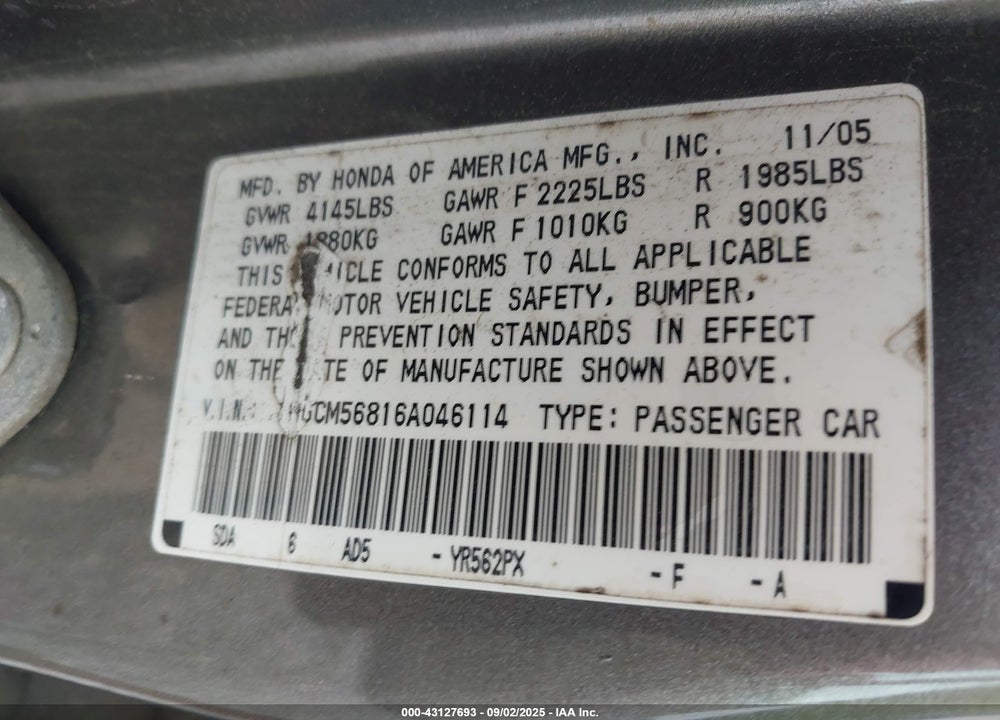 2006 HONDA ACCORD VIN: 1HGCM56816A046114