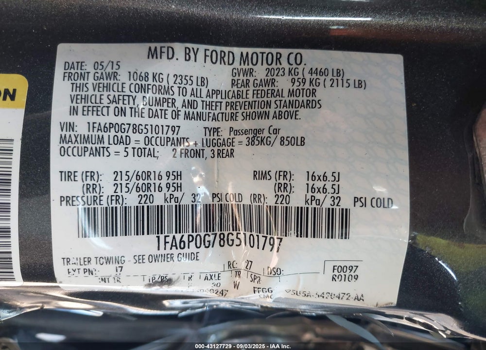 2016 FORD FUSION VIN: 1FA6P0G78G5101797