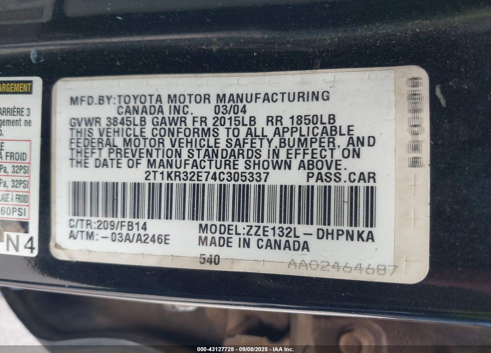 2004 TOYOTA MATRIX/XR VIN: 2T1KR32E74C305337
